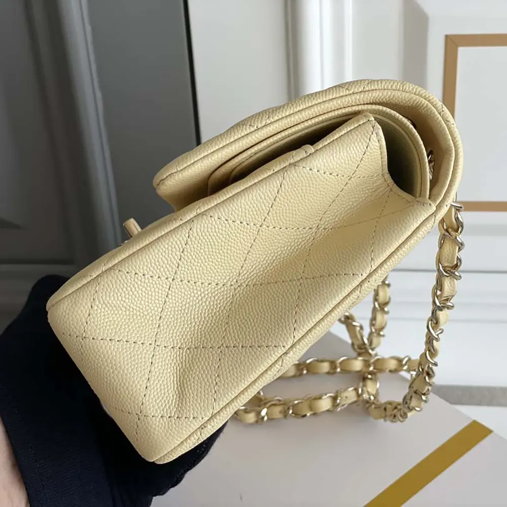 Chanel Women Medium Classic Handbag Grained Shiny Calfskin Gold-Tone Metal-Yellow