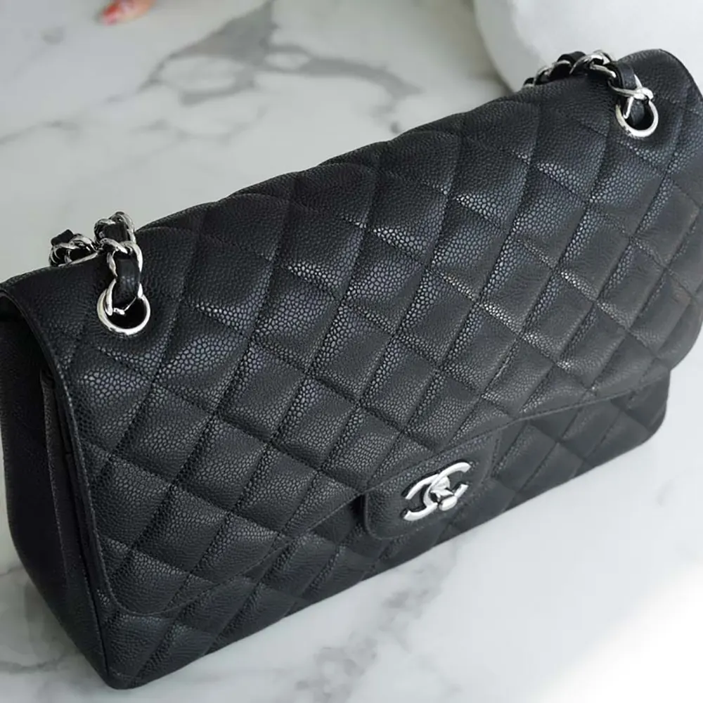 Chanel Women Large Classic Handbag in Grained Calfskin Silver Tone Metal-Black