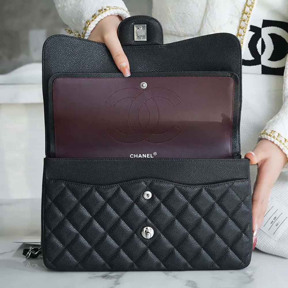 Chanel Women Large Classic Handbag in Grained Calfskin Silver Tone Metal-Black