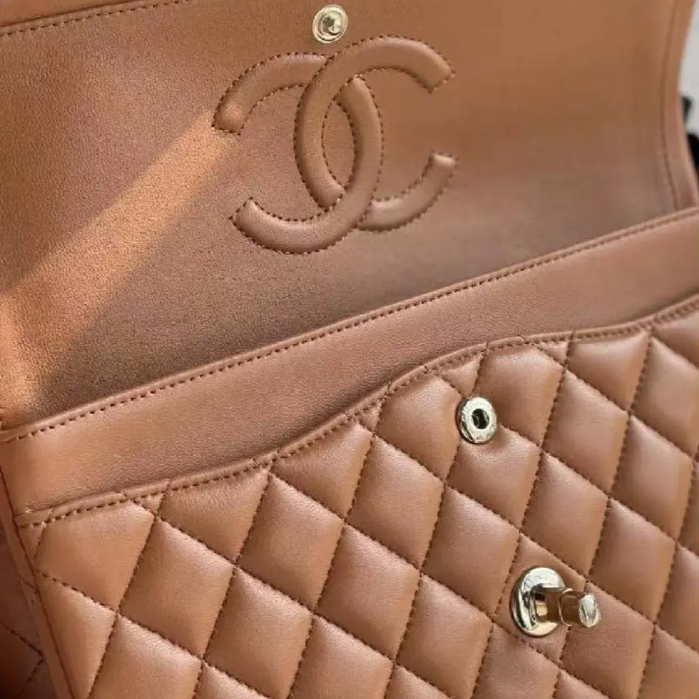 Chanel Women Small Classic Handbag in Lambskin Leather-Brown