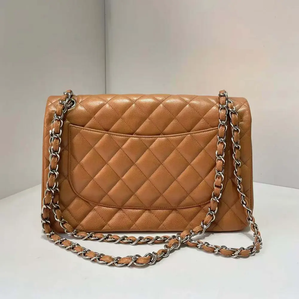 Chanel Women Small Classic Handbag in Lambskin Leather-Brown