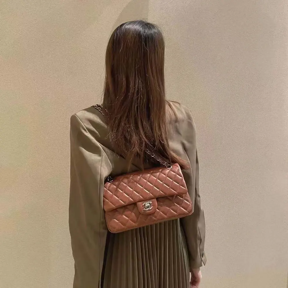 Chanel Women Small Classic Handbag in Lambskin Leather-Brown