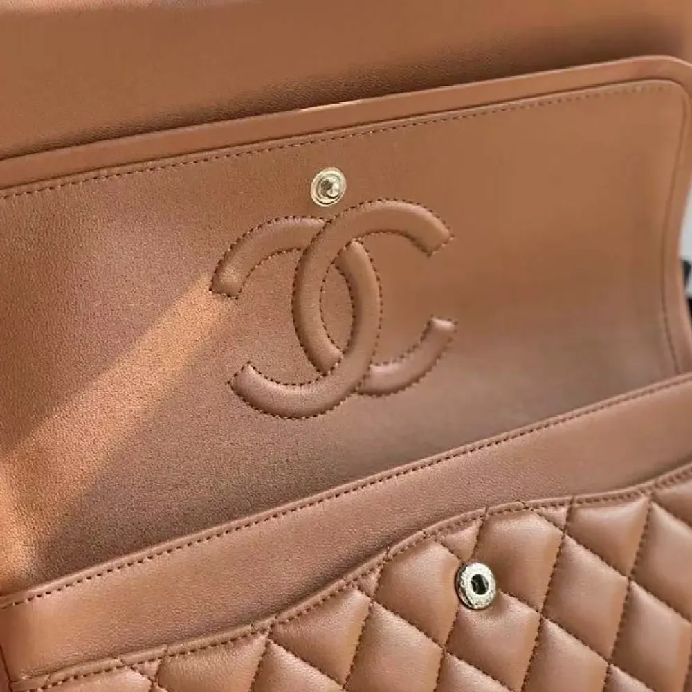 Chanel Women Small Classic Handbag in Lambskin Leather-Brown