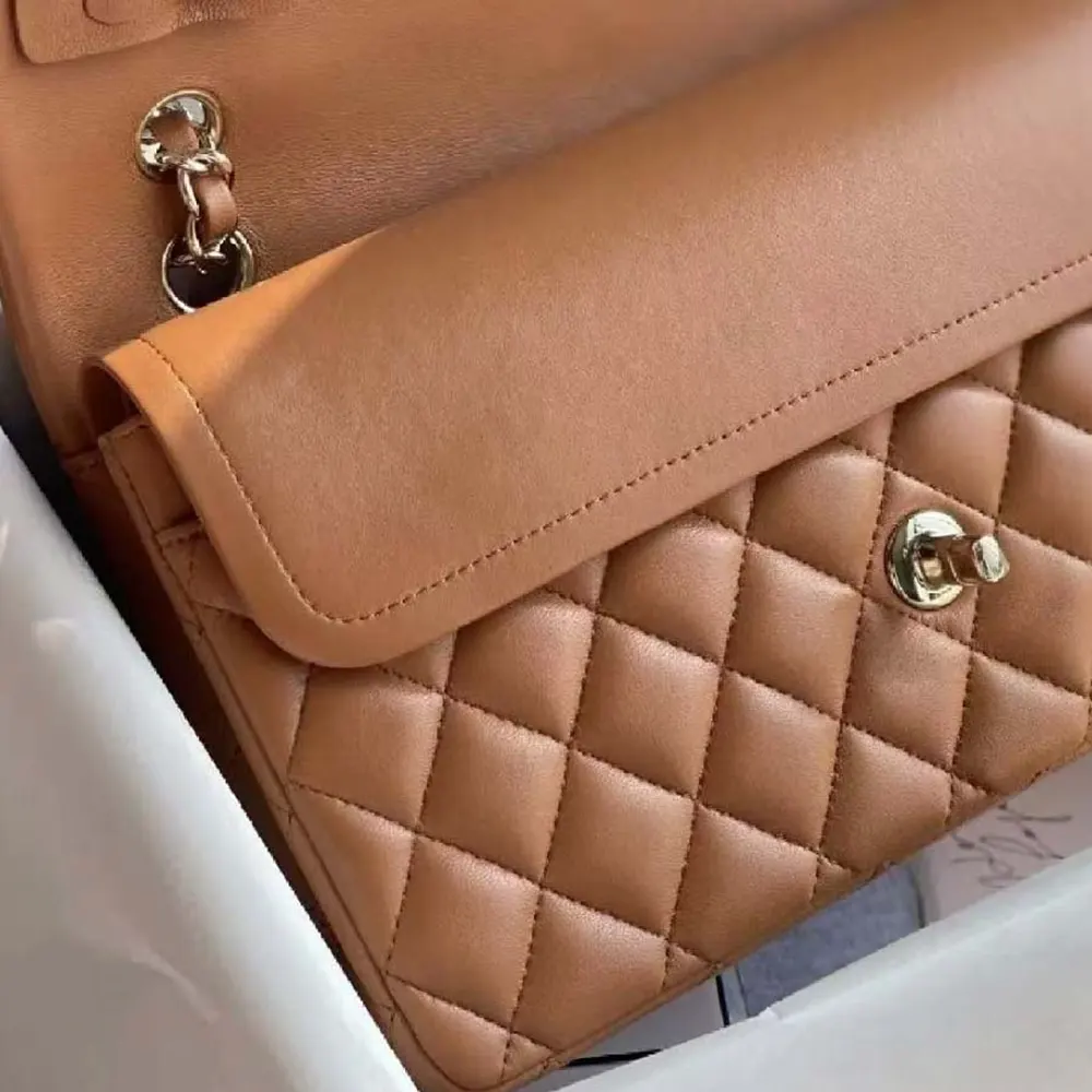 Chanel Women Small Classic Handbag in Lambskin Leather-Brown