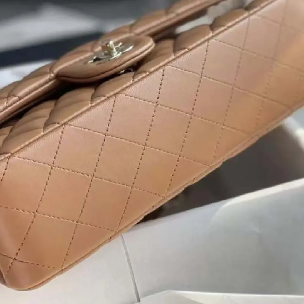 Chanel Women Small Classic Handbag in Lambskin Leather-Brown