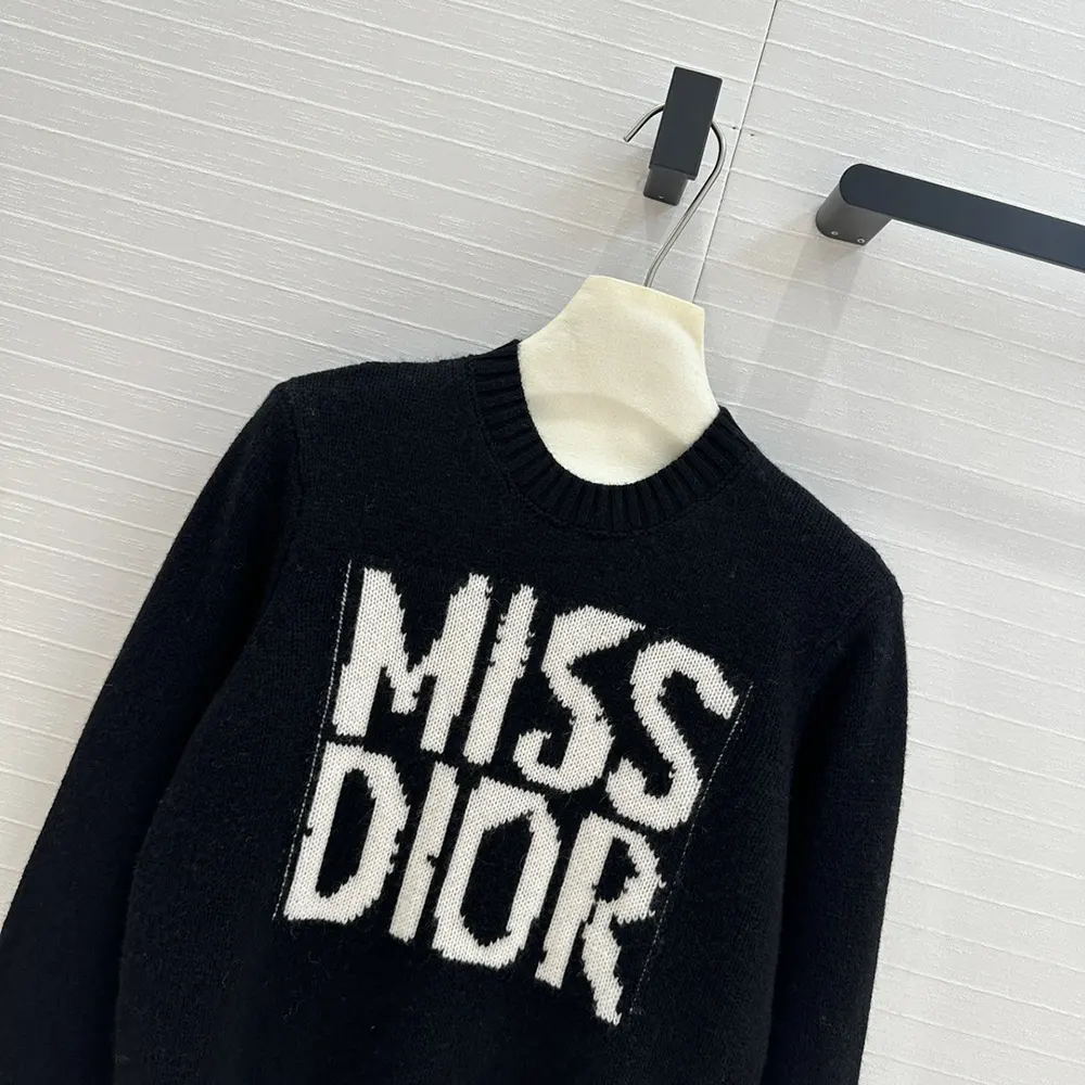 Dior Men Sweater Black Cashmere and Silk Knit with White Miss Dior Graffiti Motif