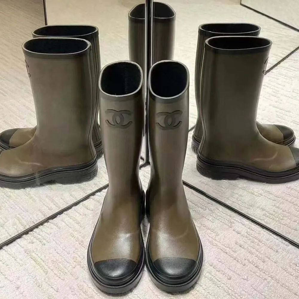 Chanel Women CC Monogram Bicolor Rain Boots Brown Black