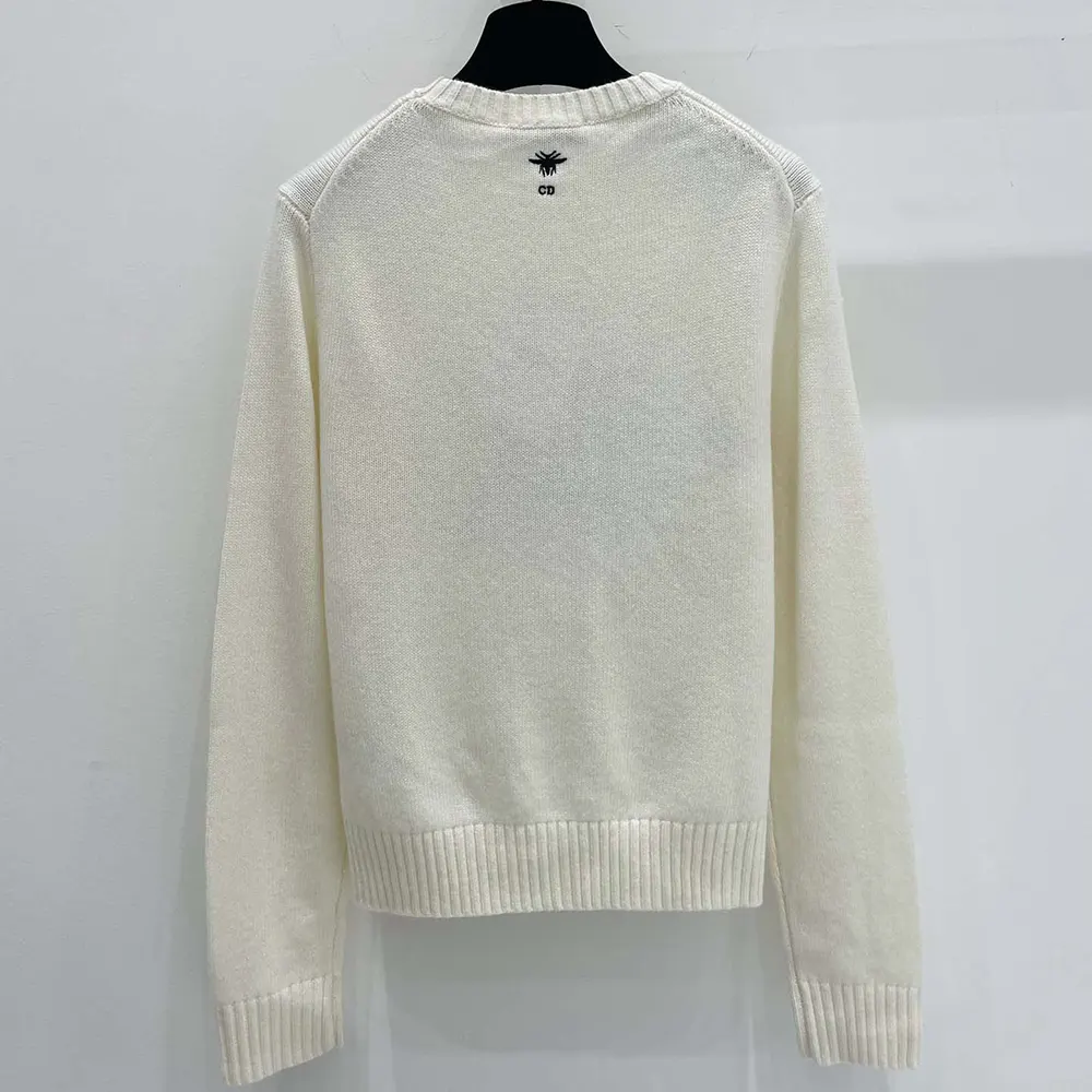 Dior Women Dioramour Embroidered Sweater White Cashmere Knit with Black and Red Je Vous Adore Motif