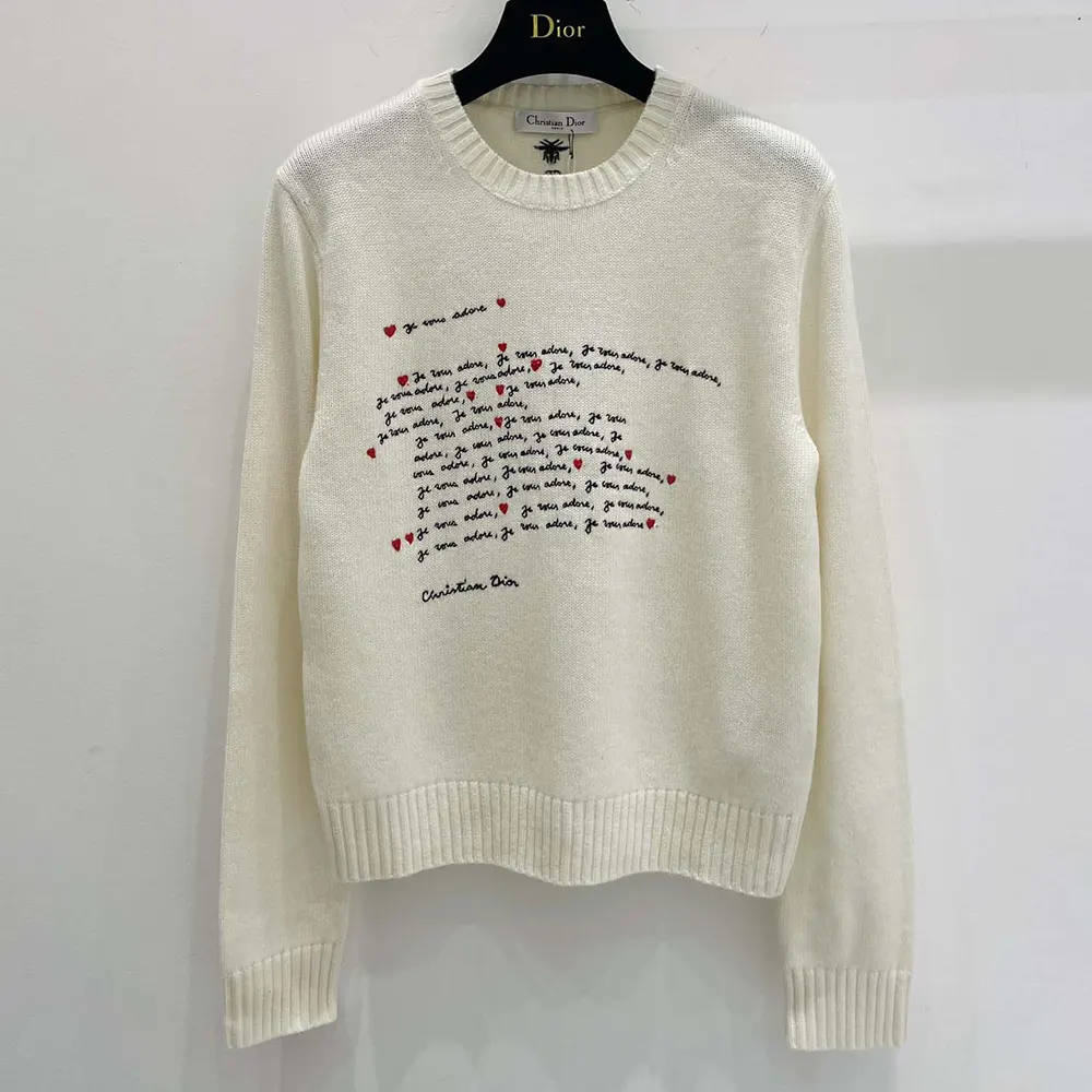 Dior Women Dioramour Embroidered Sweater White Cashmere Knit with Black and Red Je Vous Adore Motif