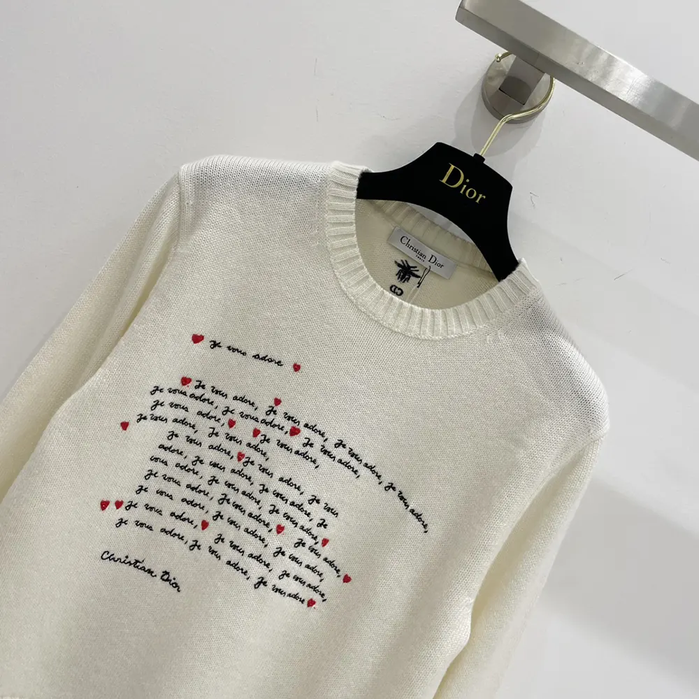 Dior Women Dioramour Embroidered Sweater White Cashmere Knit with Black and Red Je Vous Adore Motif