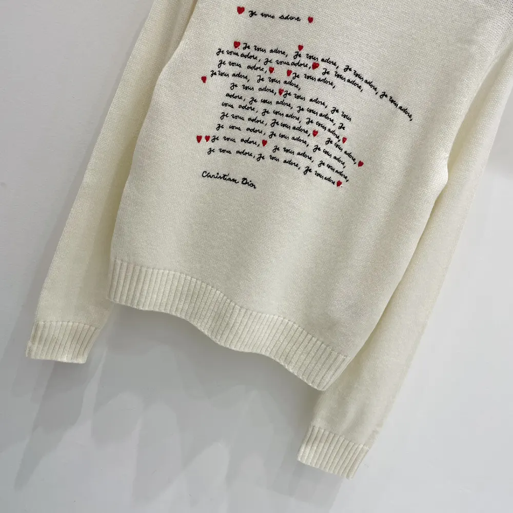 Dior Women Dioramour Embroidered Sweater White Cashmere Knit with Black and Red Je Vous Adore Motif