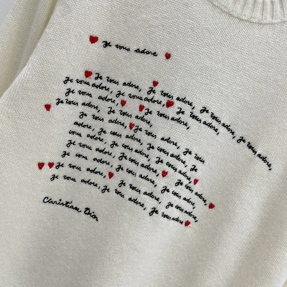 Dior Men Dioramour Embroidered Sweater White Cashmere Knit with Black and Red Je Vous Adore Motif