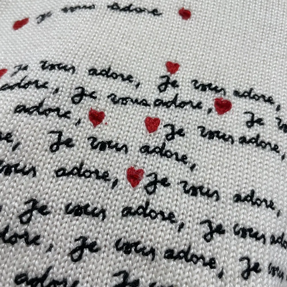 Dior Women Dioramour Embroidered Sweater White Cashmere Knit with Black and Red Je Vous Adore Motif