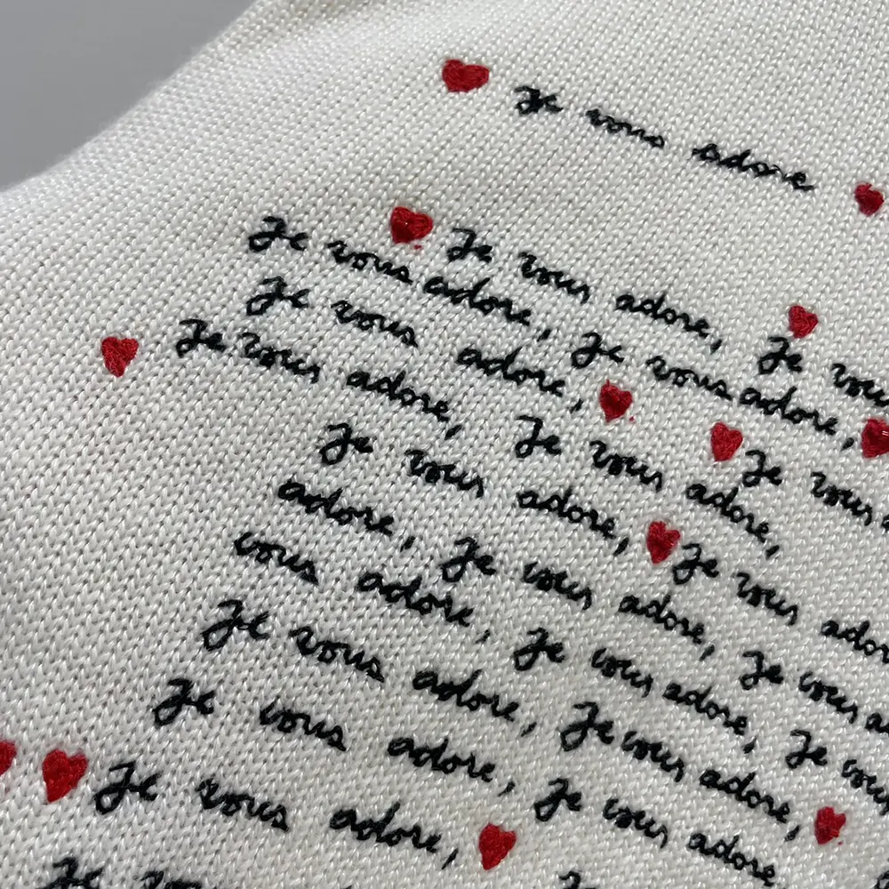 Dior Women Dioramour Embroidered Sweater White Cashmere Knit with Black and Red Je Vous Adore Motif
