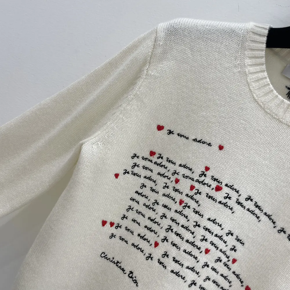 Dior Women Dioramour Embroidered Sweater White Cashmere Knit with Black and Red Je Vous Adore Motif