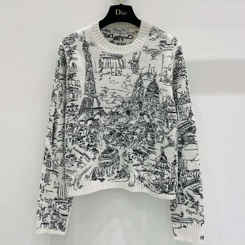 Dior Men Embroidered Sweater White and Black Cashmere Knit with Paris Allover Motif