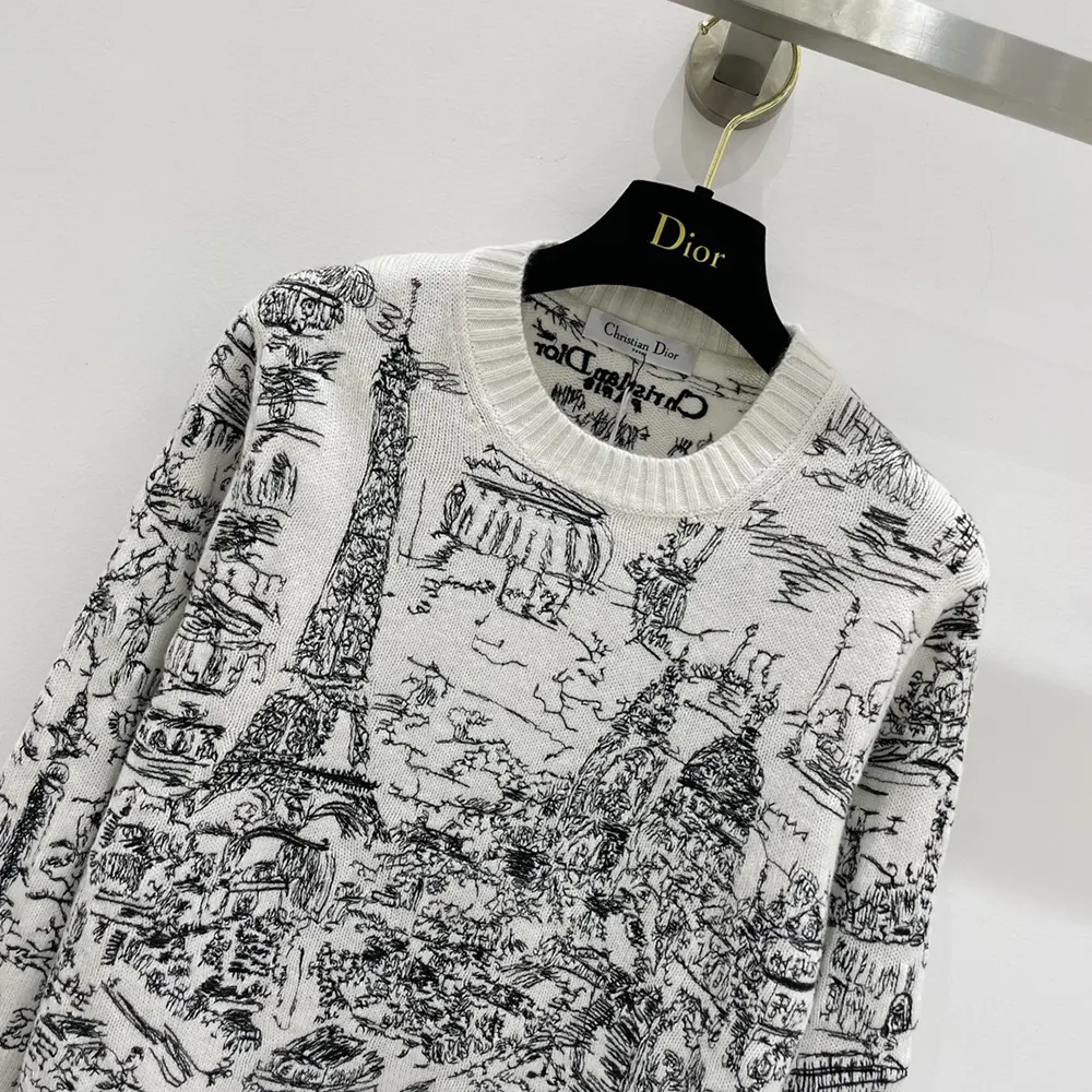 Dior Men Embroidered Sweater White and Black Cashmere Knit with Paris Allover Motif