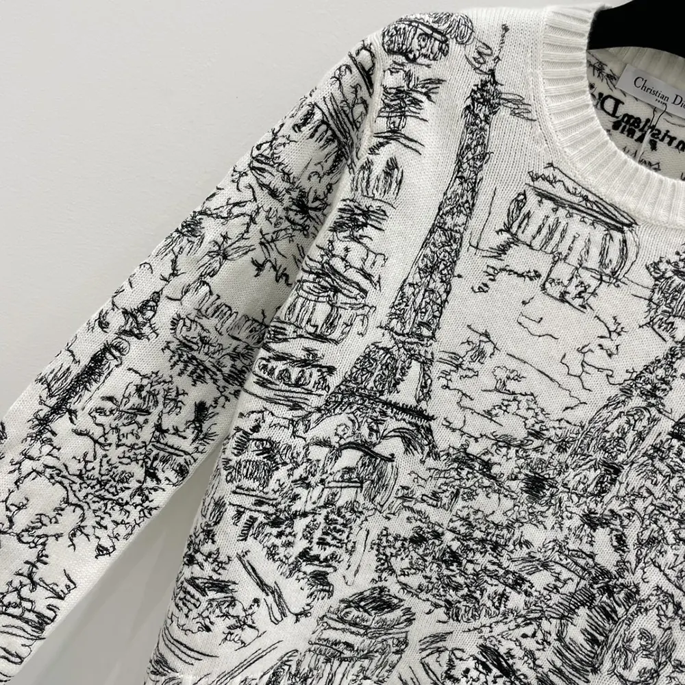 Dior Men Embroidered Sweater White and Black Cashmere Knit with Paris Allover Motif