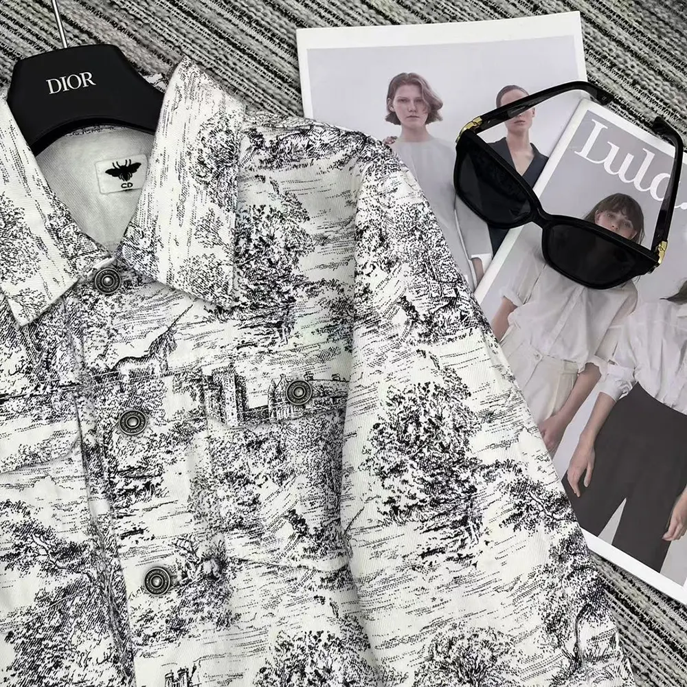 Dior Men Jacket White Cotton Denim with Blue Toile de Jouy Scotland Motif