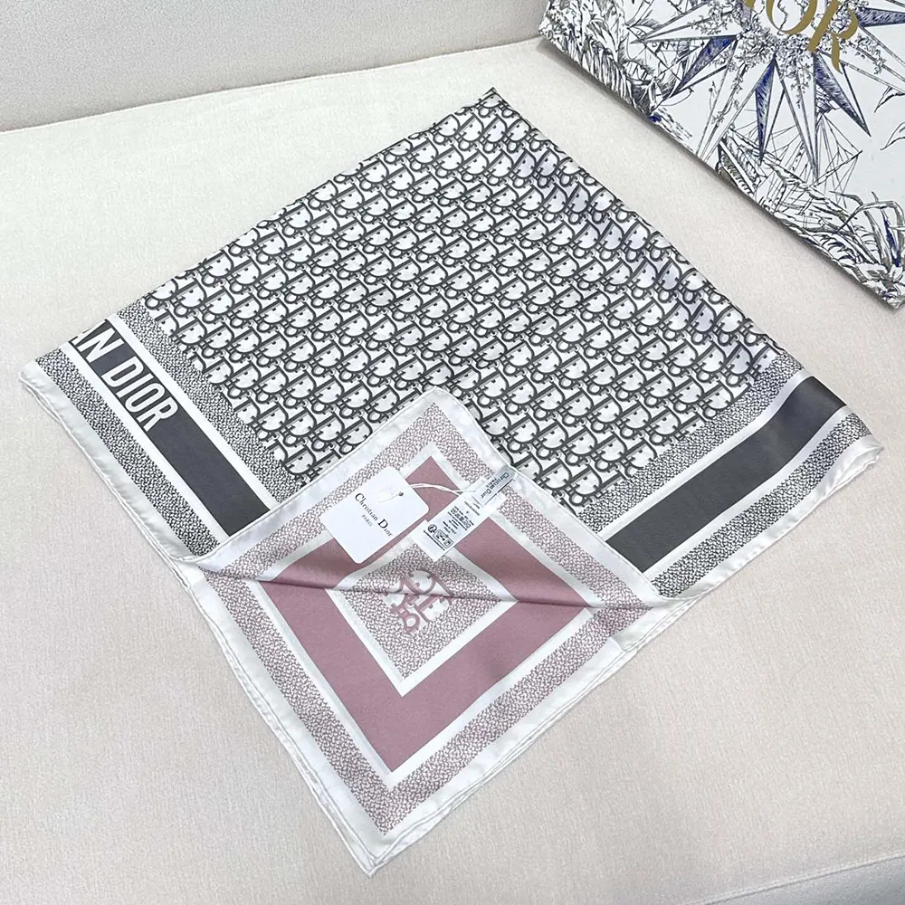 Dior Unisex Oblique Diortwin 90 Square Scarf Rose Des Vents and Gray Silk Twill