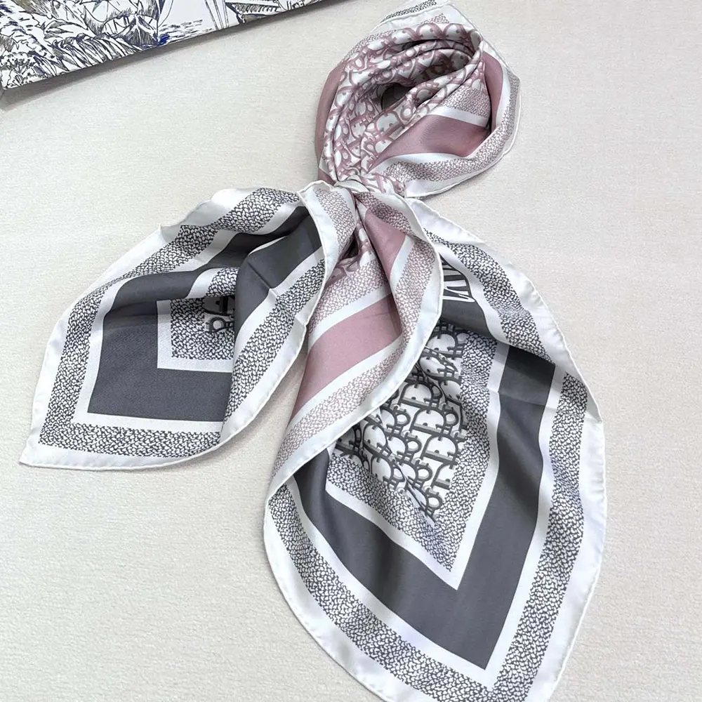 Dior Unisex Oblique Diortwin 90 Square Scarf Rose Des Vents and Gray Silk Twill