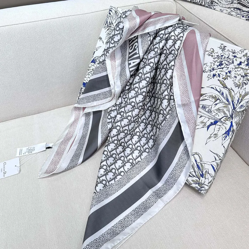 Dior Unisex Oblique Diortwin 90 Square Scarf Rose Des Vents and Gray Silk Twill