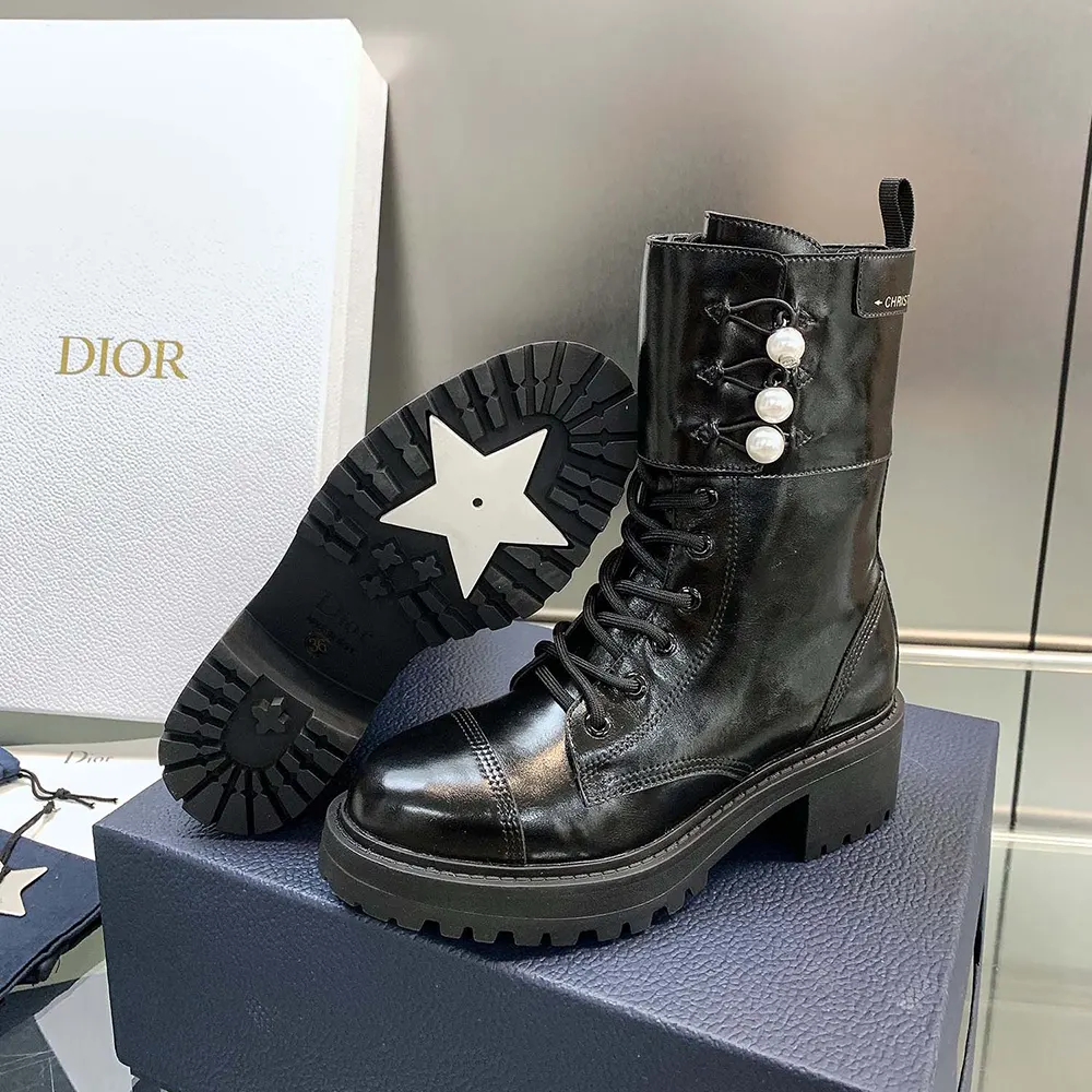 Dior Women D-Strike Ankle Boot Black Matte Calfskin and White Resin Pearls