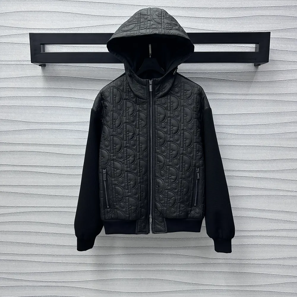 Dior Men Oblique Hooded Blouson Jacket Black Cotton-Blend Knit