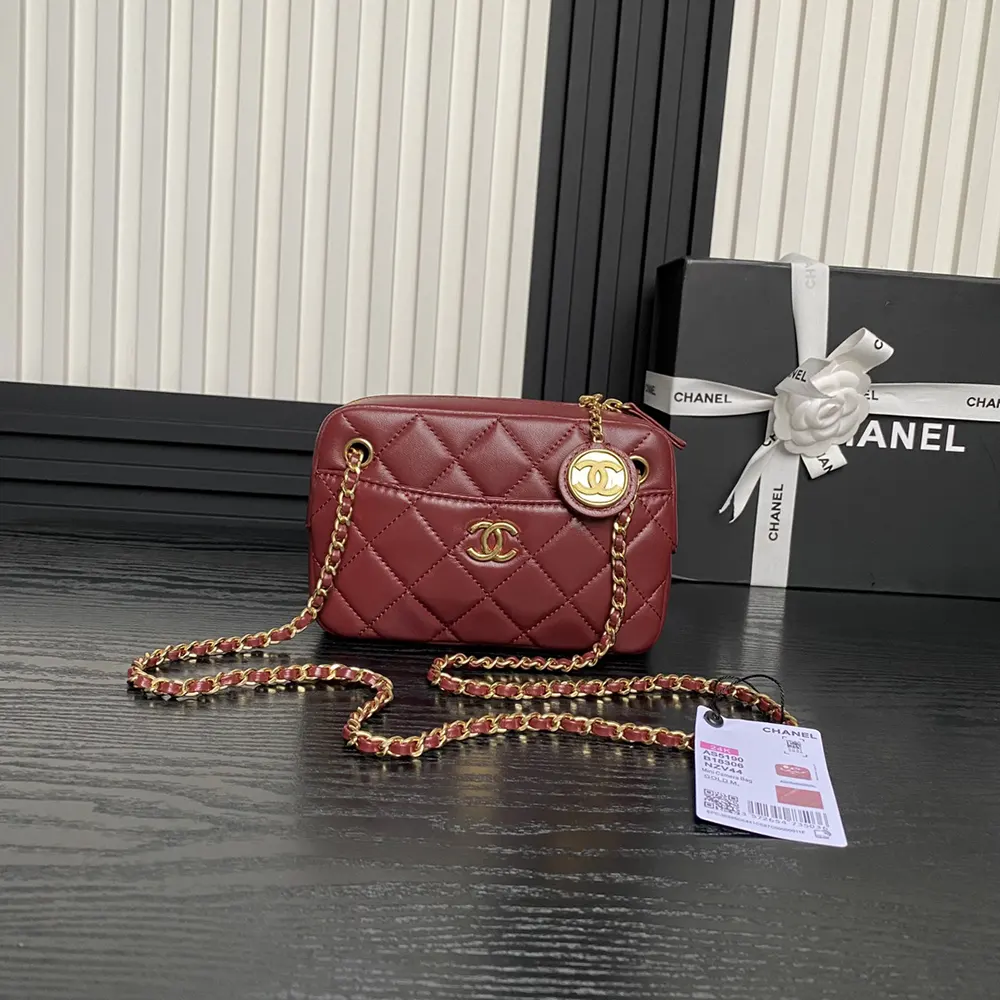 Chanel Women Mini Camera Case Shiny Lambskin Gold Tone Metal-Burgundy
