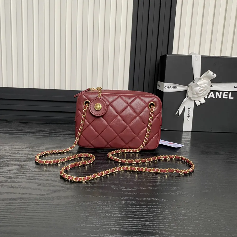Chanel Women Mini Camera Case Shiny Lambskin Gold Tone Metal-Burgundy