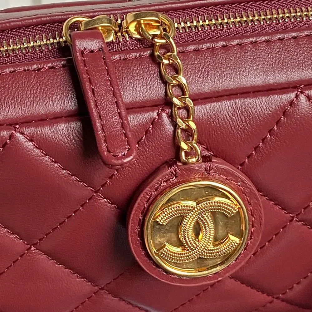 Chanel Women Mini Camera Case Shiny Lambskin Gold Tone Metal-Burgundy