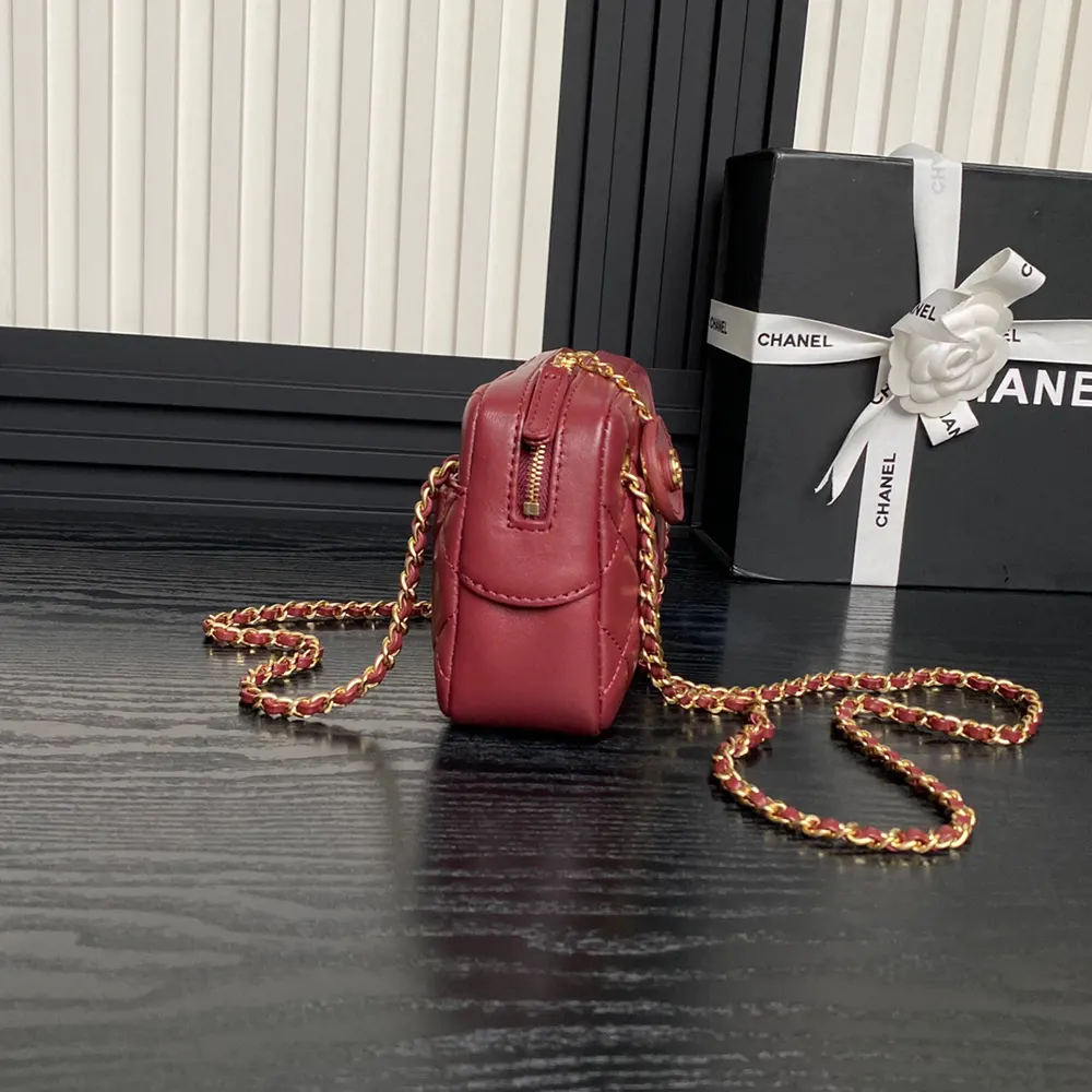 Chanel Women Mini Camera Case Shiny Lambskin Gold Tone Metal-Burgundy