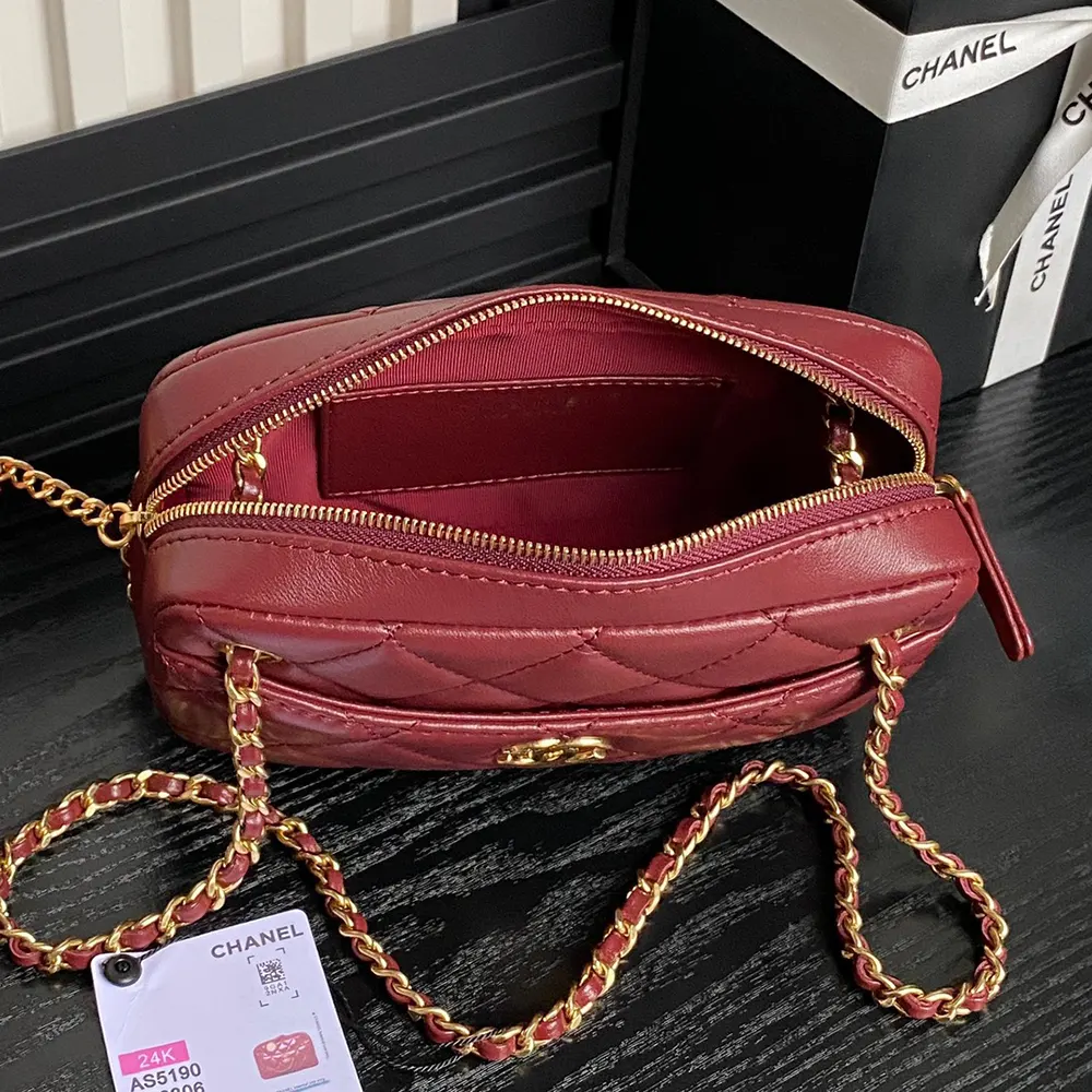 Chanel Women Mini Camera Case Shiny Lambskin Gold Tone Metal-Burgundy