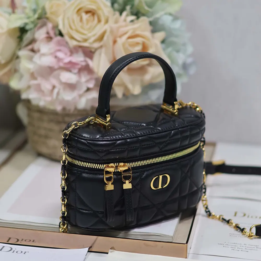 Dior Women Caro Mini Vanity Case Black Macrocannage Lambskin