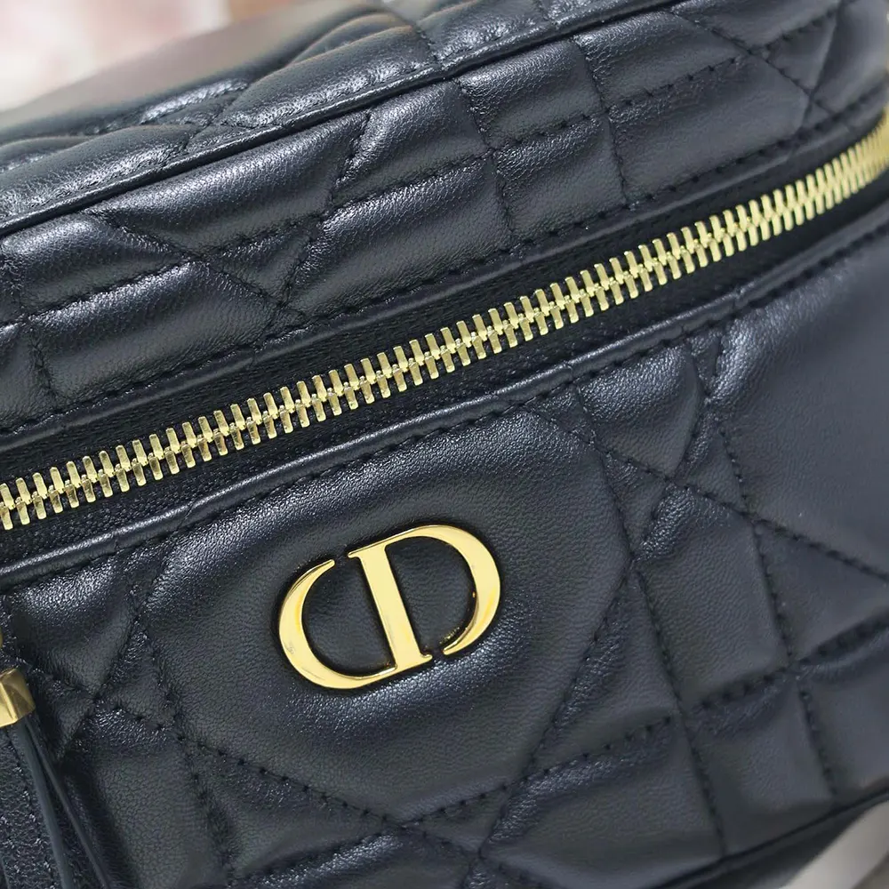 Dior Women Caro Mini Vanity Case Black Macrocannage Lambskin