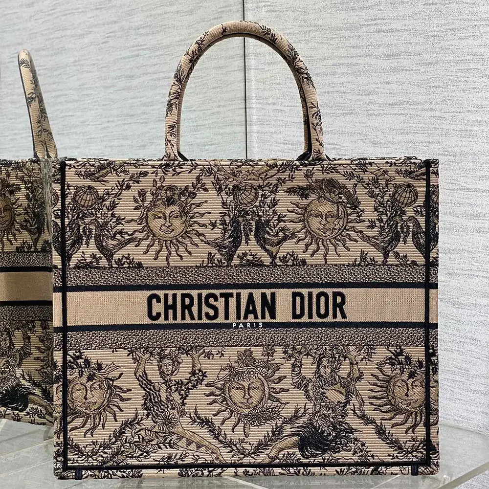 Dior Women Large Dior Book Tote Beige and Black Toile de Jouy Soleil Embroidery