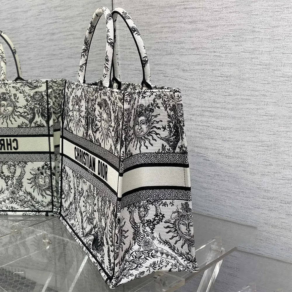 Dior Women Large Dior Book Tote White and Black Toile de Jouy Soleil Embroidery