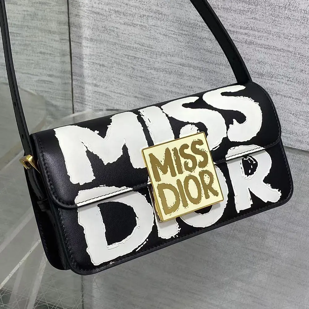 Dior Women Miss Dior Flap Bag Black and White Miss Dior Graffiti Printed Calfskin