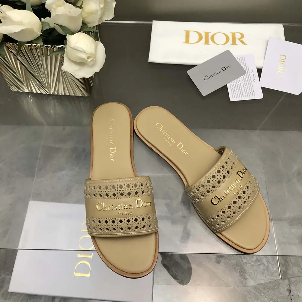 Dior Women D-Lane Slide Beige Calfskin with Openwork Microcannage Motif
