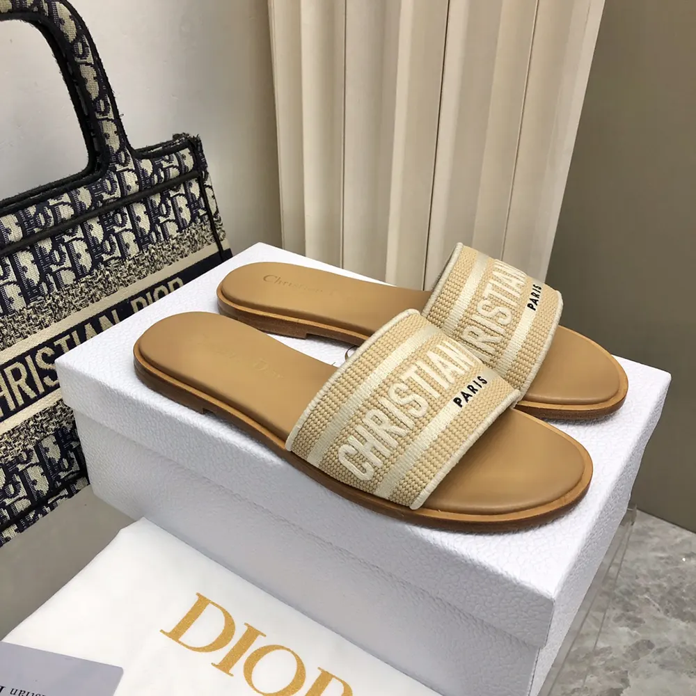 Dior Women Dioriviera Dway Slide Natural Raffia and White Embroidered Cotton