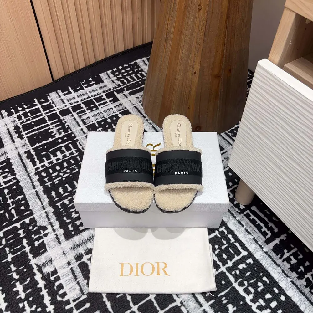 Dior Women Dway Slide Black Calfskin and Embroidered Cotton