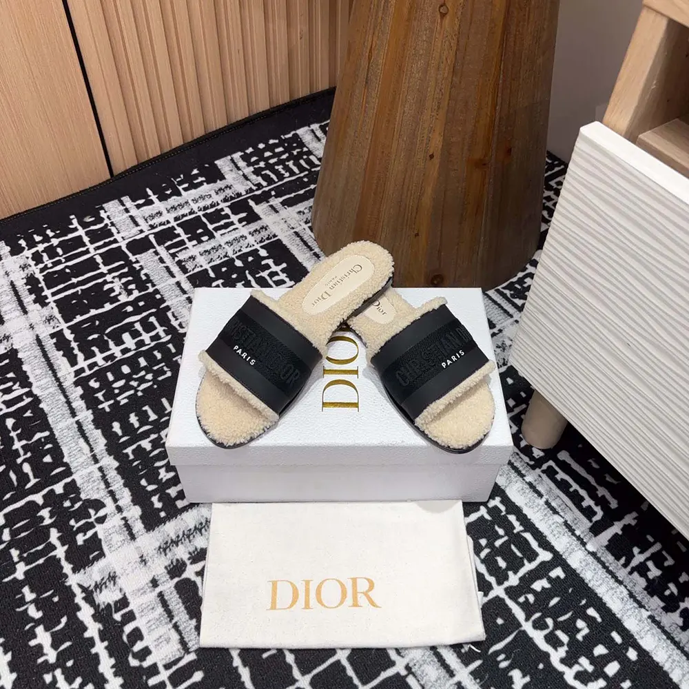 Dior Women Dway Slide Black Calfskin and Embroidered Cotton