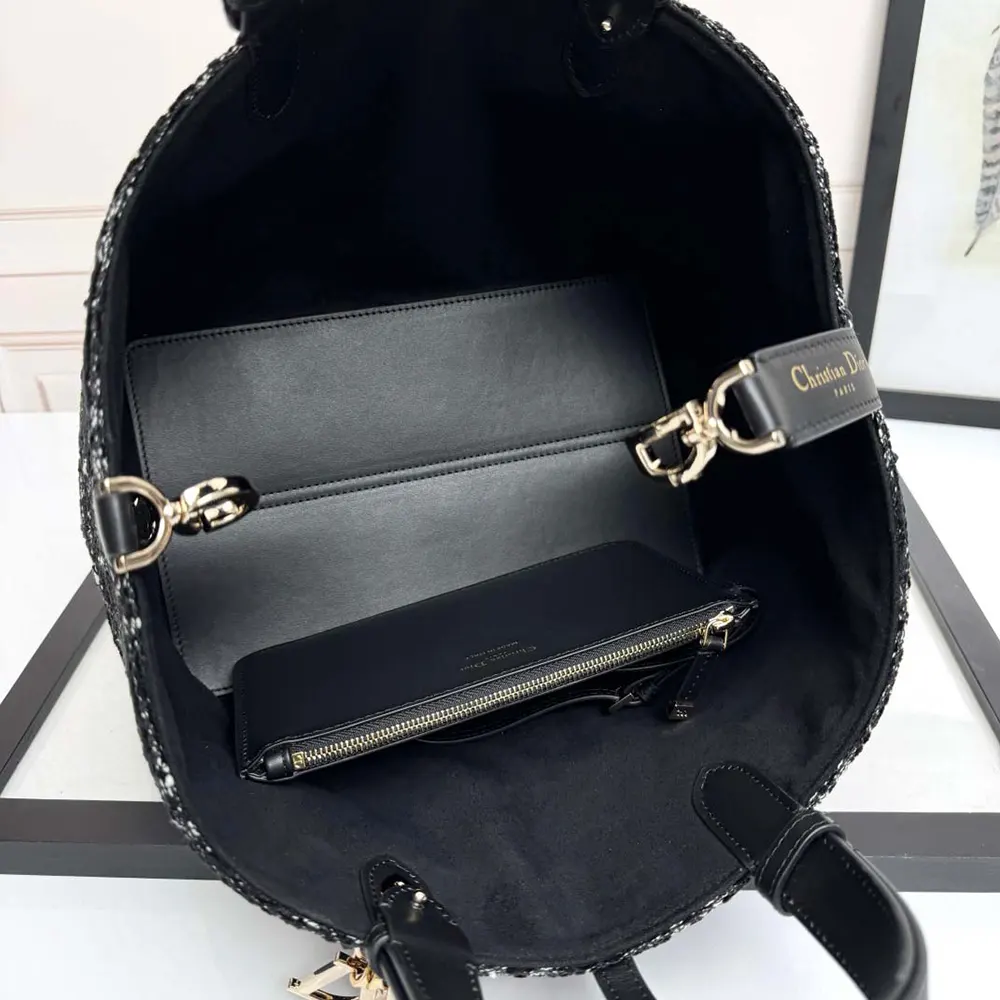 Dior Women Medium Dior Toujours Bag Black Tweed with White Cannage Motif