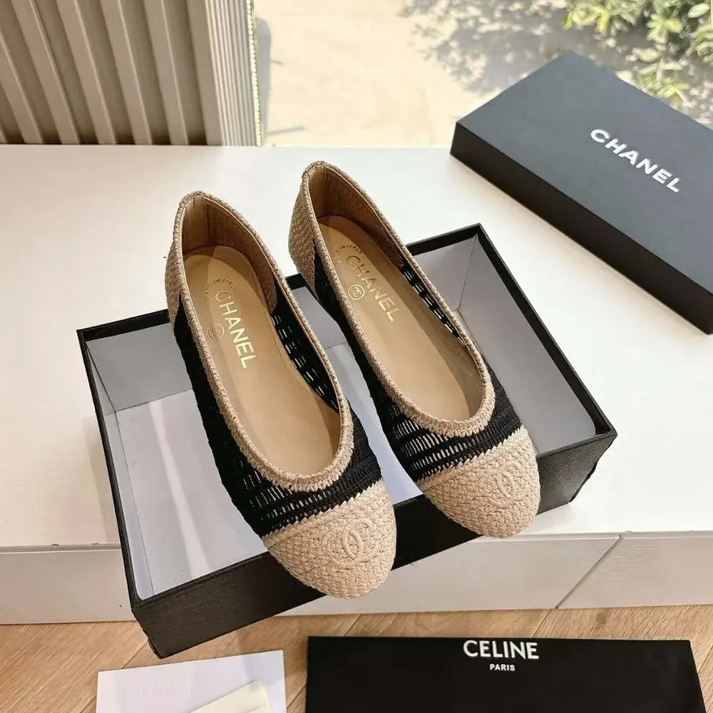 Chanel Women Ballet Flats Raffia Black & Beige G46352