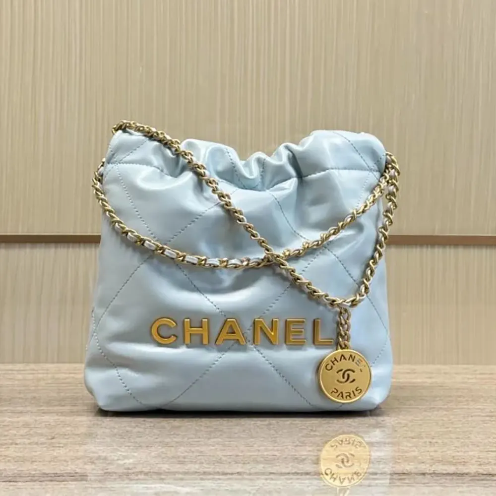 Chanel Women Mini CC 22 Handbag Shiny Calfskin & Gold-Tone Metal Light Blue