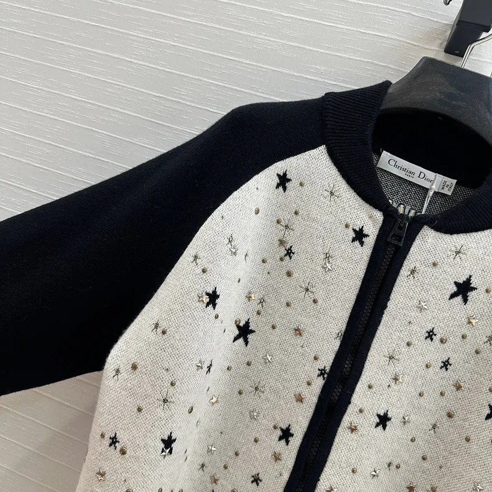 Dior Men Bomber Jacket Black and White Cashmere-Blend Knit with Multicolor Dior Astral Motif