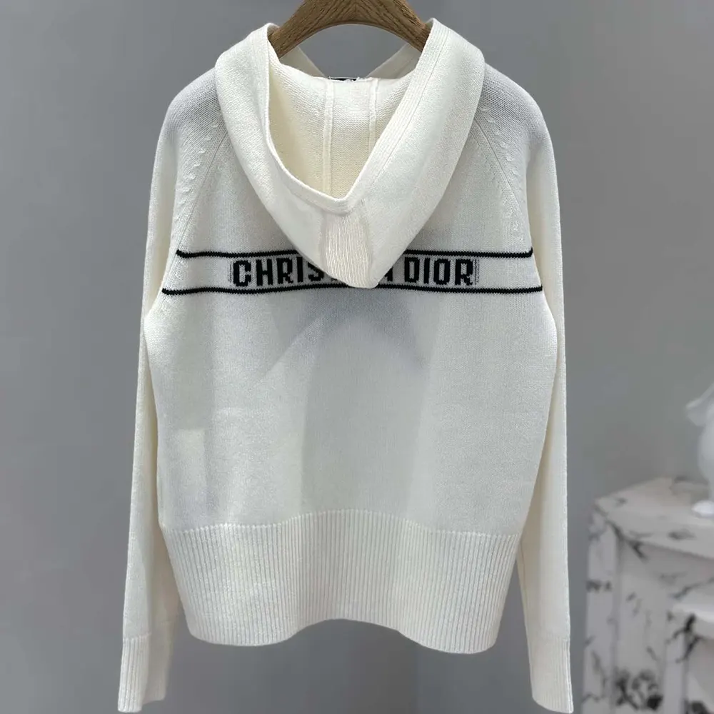 Dior Men DiorAlps Hooded Sweater White Wool and Cashmere Knit with Navy Blue Dior Star Motif