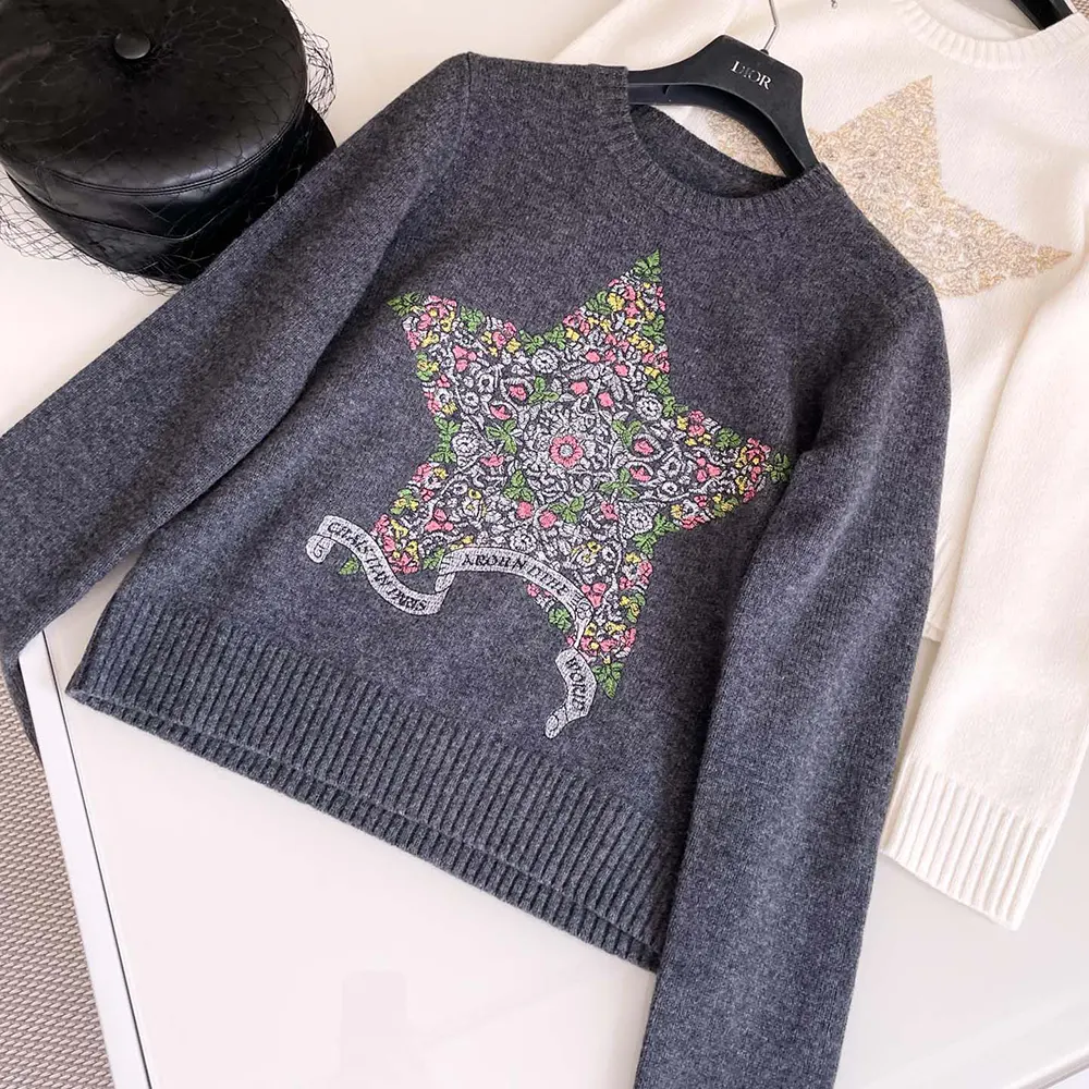 Dior Women Embroidered Sweater Gray Cashmere Knit 514S57A002