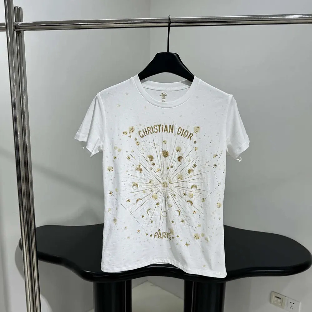 Dior Men Embroidered T-Shirt White Cotton Jersey with Gold-Tone Dior Astral Motif