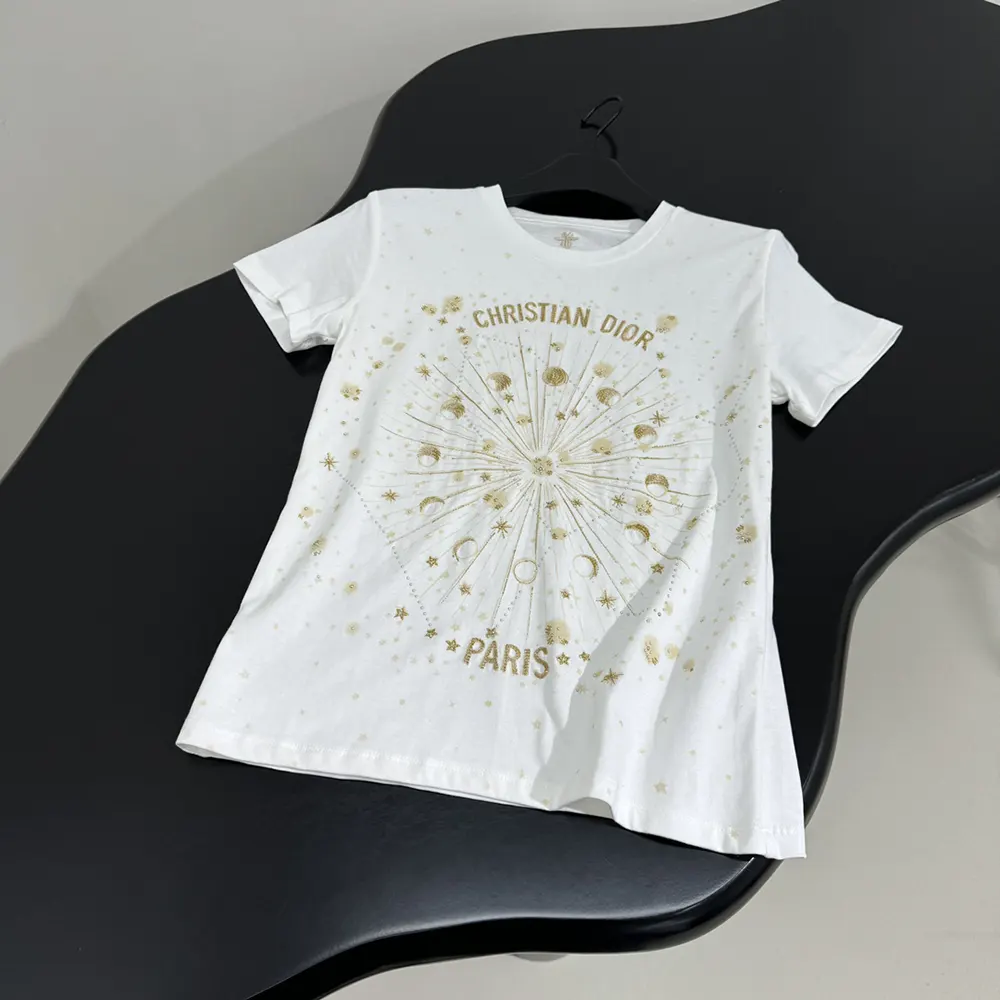 Dior Men Embroidered T-Shirt White Cotton Jersey with Gold-Tone Dior Astral Motif